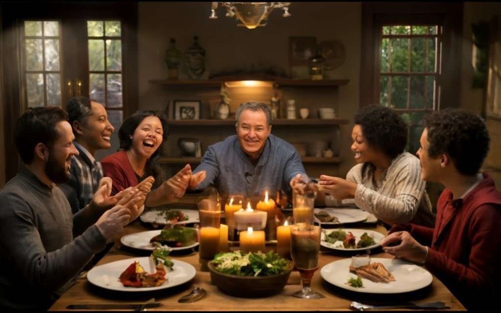  A family gathered around a dining table, discussing screen time