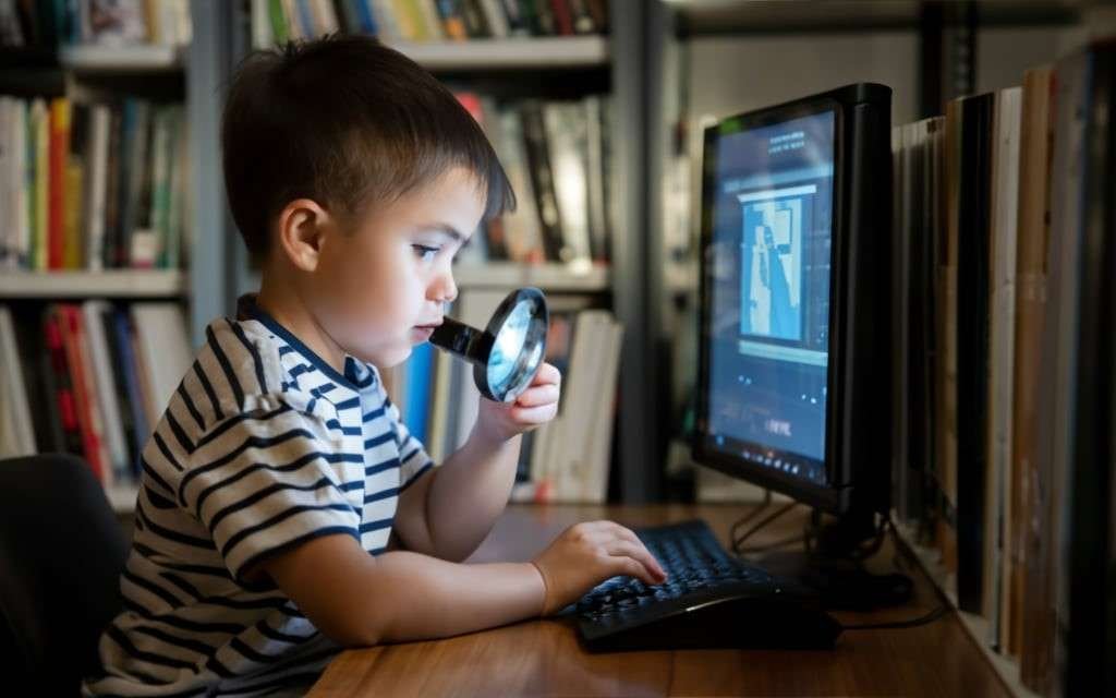  A child looking at a computer screen with a magnifying glass, symbolizing critical thinking